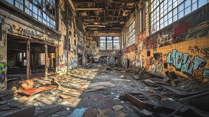 Abandoned Building Interior with Graffiti and Sunlight