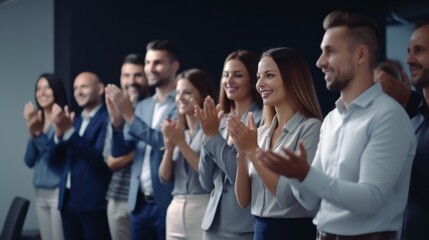 A group of professionals stands applauding during a presentation, conveying appreciation and engagement with the speaker’s insights.