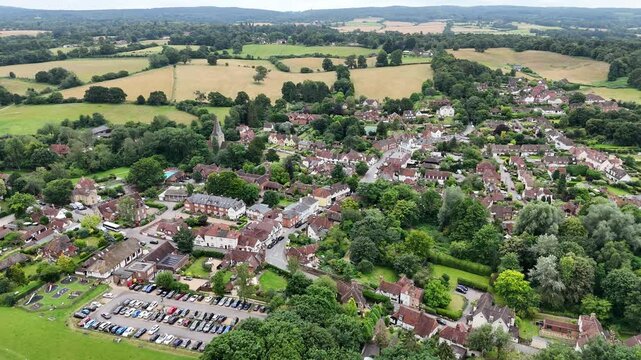 Shere Surrey UK quaint English Village aerial drone 4K footage