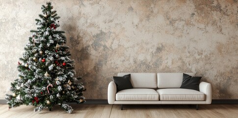 Living room Christmas interior in Scandinavian style. Christmas tree with gift boxes. White sofa on wall.