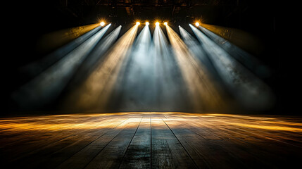 Stage Lights Casting Beams on a Wooden Floor with Smoke
