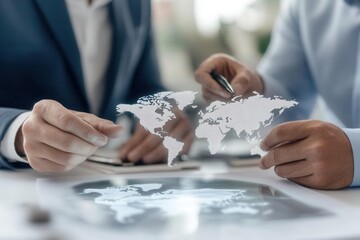 Business partners discussing global expansion plans with a world map hologram, globalization, international compromise