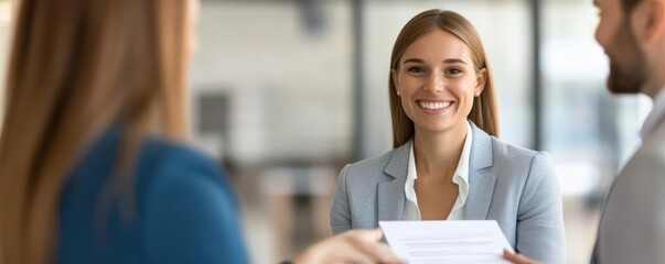 A successful business negotiation concluded with smiling professionals exchanging a contract, successful business, final compromise