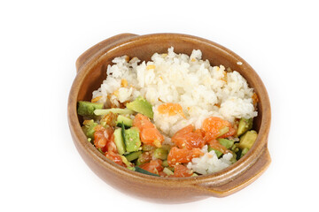 home poke bowl with salmon cucumber avocado and rice.  asian lunch  