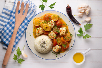 White fish stew with leeks and cherry tomatoes served with rice. Top view table with  decoration.