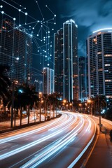 Obraz premium A vibrant city at night with neon lights, high-rise buildings, and digital network overlays evoking a futuristic metropolis vibe.