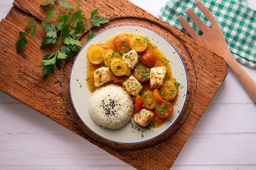 White fish stew with leeks and cherry tomatoes served with rice. Top view table with  decoration.