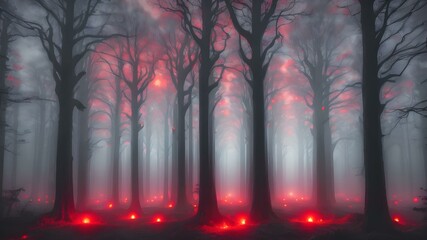 A spooky forest scene with silhouettes of tall, bare trees and distant, glowing red eyes peeking through the darkness
