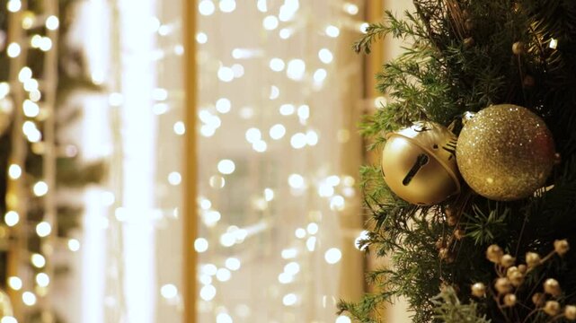 Sparkling fairy lights and gold jingle bells on a garland, Christmas holiday background