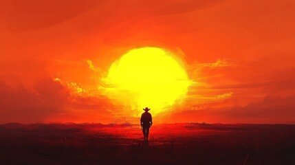 Lone Cowboy Silhouette Walking Toward a Fiery Sunset in the Vast Wild West Desert