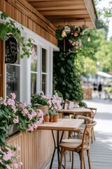 A delightful outdoor cafe with wooden tables, surrounded by pink flowers and green plants, evoking a peaceful and inviting atmosphere for patrons.