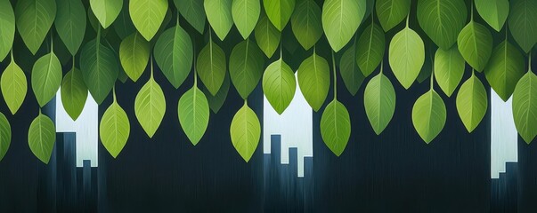Abstract art showing a cityscape being overtaken by creeping green vines and leaves, representing the renewal of urban spaces in spring, urban greenery, spring rejuvenation
