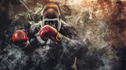 Obraz premium Lucky monkey man with boxing gloves on smoke background