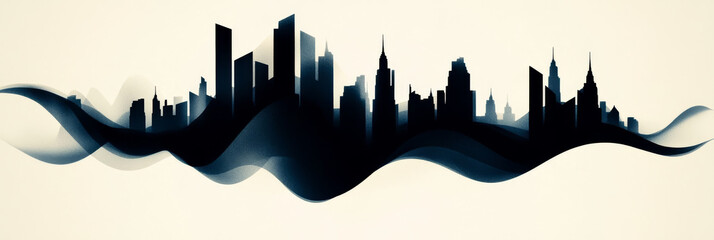 Silhouette of a city skyline against a wave of color.