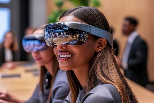 A group of people in a futuristic classroom, learning about yesterdayâ€™s society through immersive holographic simulations, symbolizing the connection between past and future