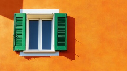 Fototapeta premium A brightly colored orange wall with a white window frame and green shutters, creating a bold and vibrant contrast.