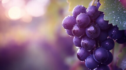 A bunch of dark purple grapes covered in morning dew, photographed against a blurred vineyard backdrop.