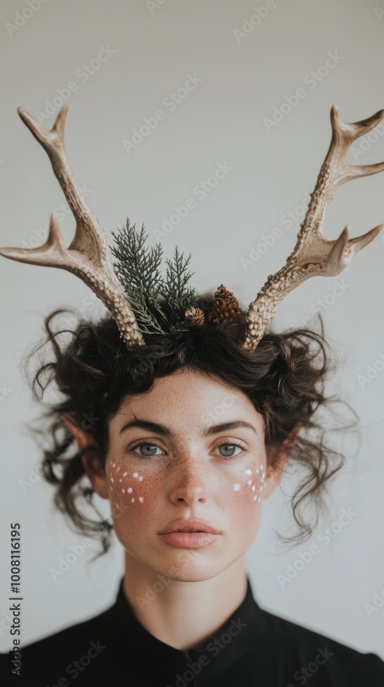 Poster A woman with deer antlers on her head