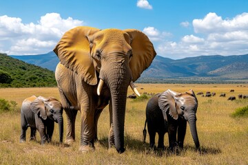 Fototapeta premium A herd of elephants grazing in a wide open plain, with distant mountains and the sanctuaryâ€™s expansive landscape stretching out around them.