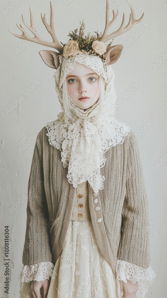 Canvas Prints A young girl wearing a deer's headdress