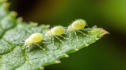 Fototapeta premium Predatory mites hunting harmful insect eggs on plant leaves, biological control, sustainable agriculture