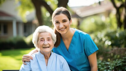 Fototapeta premium A young caregiver lovingly embraces a smiling senior woman outdoors, highlighting warmth, care, and intergenerational friendship.