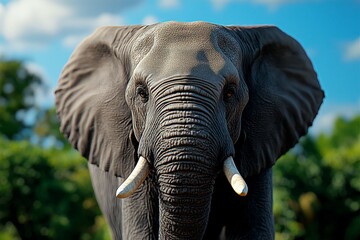 Fototapeta premium A hyper-realistic close-up of an elephant at a sanctuary, showing every wrinkle, detail, and texture of its skin as it walks peacefully through the lush greenery.