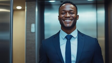 Fototapeta premium A businessman smiling confidently while standing in an elevator, ready for a business presentation.