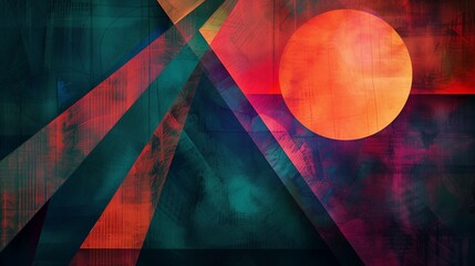 A single vibrant circle on a backdrop of intersecting lines and shapes.