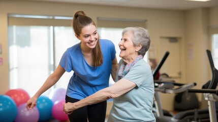 Fototapeta premium Young woman and elderly nurse share laughter and balance in an active therapy session, radiating positive energy and mutual support.