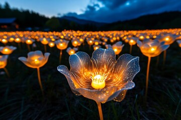 A magical field of flowers under a twilight sky, where the blooms are illuminated by soft starlight and appear to glow with a mystical energy