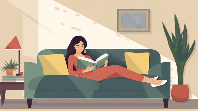 Artistic illustration of a woman in a stylish setting reading on a teal sofa, surrounded by cozy home elements.