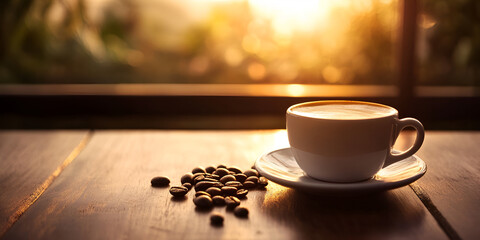 Obraz premium Freshly Brewed Espresso with Coffee Beans on Wooden Table