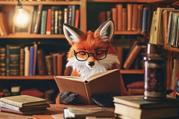 A bespectacled fox peruses a book in a snug library brimming with vibrant tomes and antique furnishings.