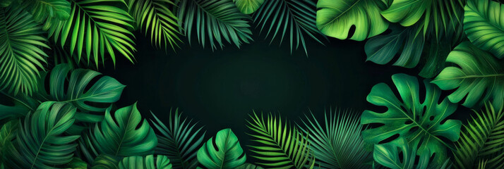 Lush green tropical leaves frame a dark background.