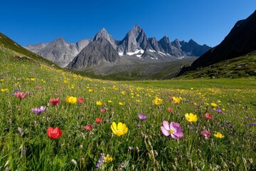 Fototapeta premium A meadow filled with wildflowers beneath towering mountains, where vibrant yellows, reds, and purples create a colorful contrast to the vast natural landscape