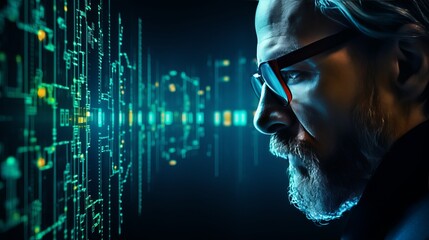 Man examining digital data visualization in a futuristic setting with glowing circuits at night