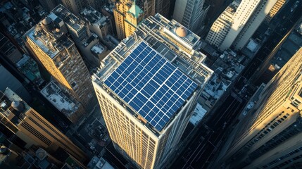 Fototapeta premium An aerial view of solar panels installed on a high-rise building in the middle of a busy city.