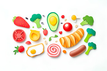 Breakfast made from paper cut  bread, tomato, avocado, strawberry, ham, sausage, hotdog, chili, broccoli, croissant, on white background. healthy or food art creative concept. Copy space. Top view