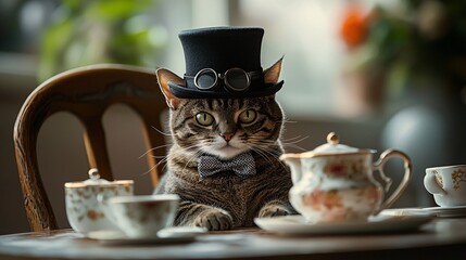 A whimsical feline adorned with a little top hat and monocle enjoys a delightful tea party at a tiny table, radiating charm and mischief.