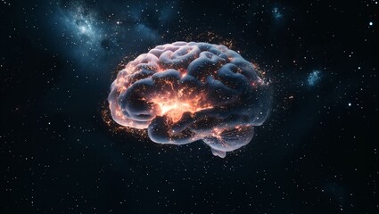 In a mesmerizing cosmic embrace, a vibrant brain pulsates with energy, radiating sparks of brilliance through a dark, star-filled universe that ignites curiosity and imagination.