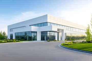 Photograph of a sleek and contemporary commercial building powered by a hydrogen fuel cell unit,positioned along the golden lines to optimize the clean energy within the building's exterior design.