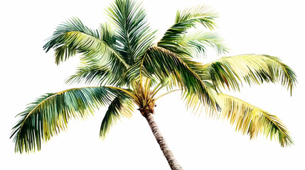Watercolor Painting of a Palm Tree with Lush Green Fronds Against a White Background