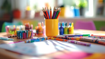 A children's art table, covered with paper, crayons, and colorful markers, ready for creative play.
