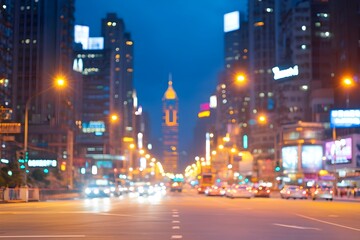 Obraz premium Panoramic view of a busy urban intersection at night,with blurred car lights and towering skyscrapers illuminated in the distance. This digital image is perfect for use in advertisements.