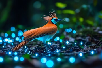 A Vibrant Bird in a Bioluminescent Forest.
