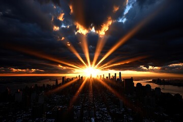 A sunrise over a city skyline, with beams of light shining between the buildings, symbolizing the endless opportunities that tomorrow brings