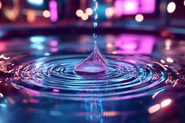 A tear falling into a pool of holographic water, with digital ripples spreading out in a futuristic world of neon lights and advanced technology