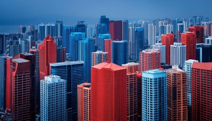 Obraz premium High-rise view of tall buildings in the capital city, red and blue tones, Generative AI