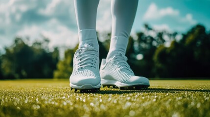 A close-up of a golfer cleats on the grass as they take their stance before a big swing.